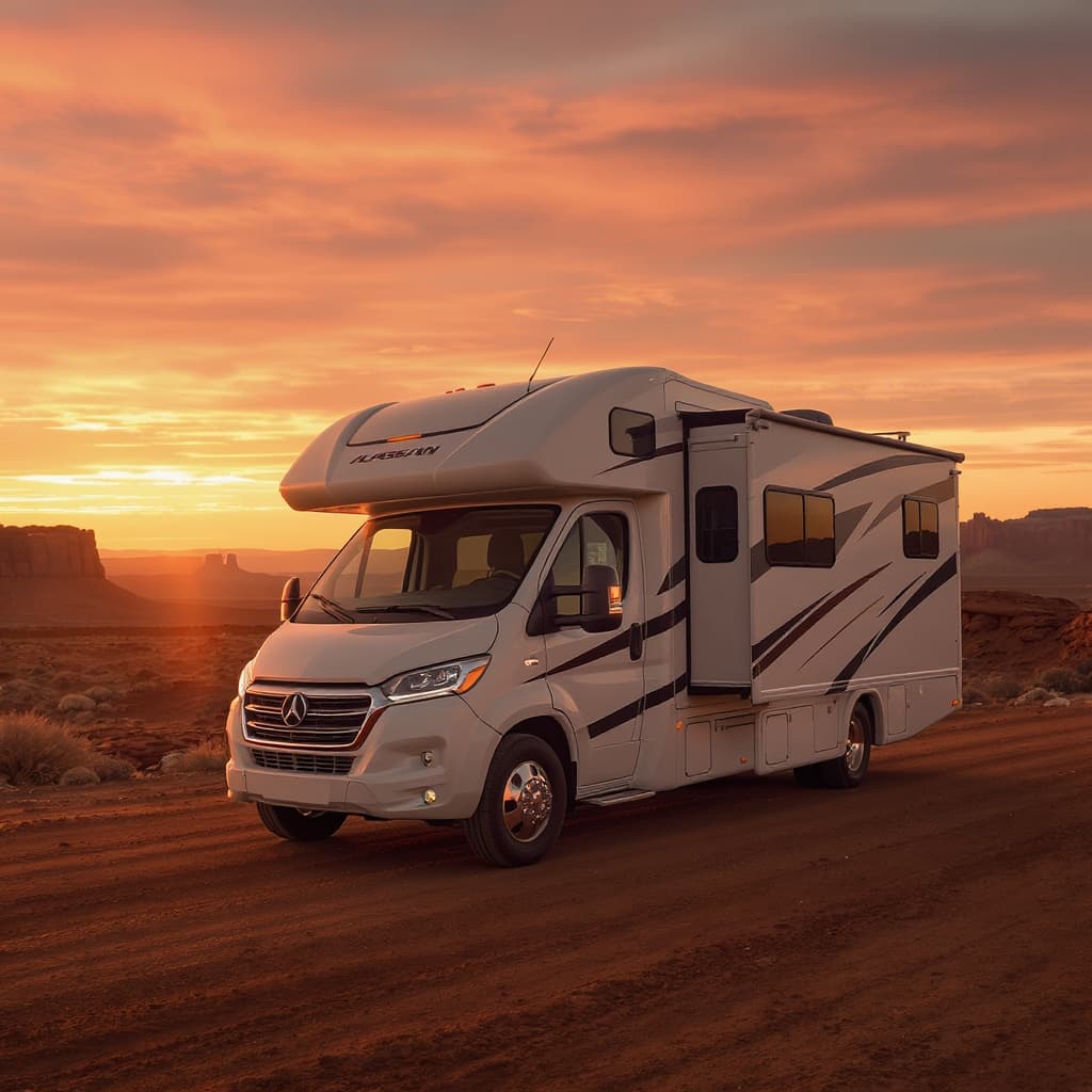A recreational vehicle at a wide-open red-rock desert vista at golden hour.