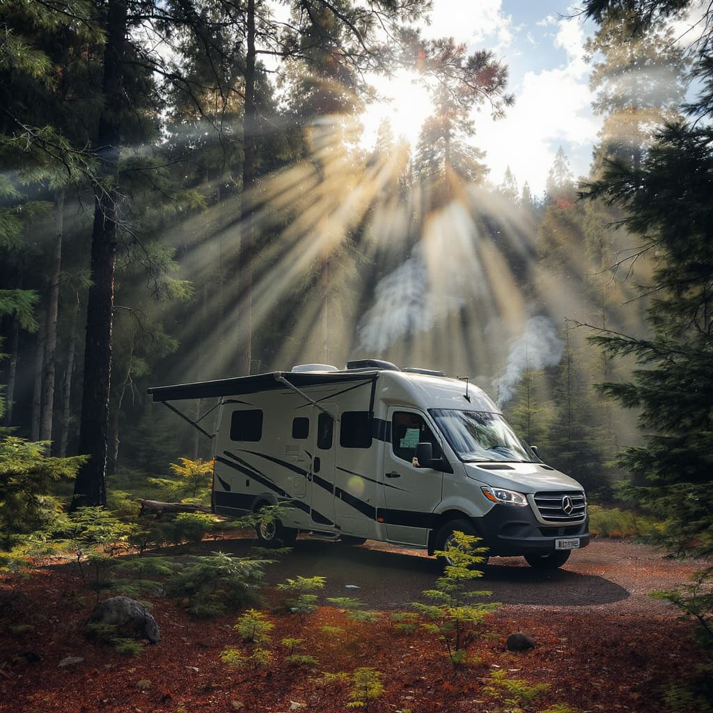 A recreational vehicle parked at a campsite deep inside a dense pine forest under a partly cloudy sky.